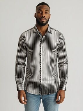 Stone Rose Black White Stripe Button Down Shirt Size 6 (XXL) Long Sleeve Preppy